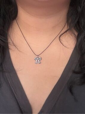 NEW Black Cord Necklace with Silver Bow Pendant Stainless Steel